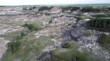 Horseshoe Canyon Alberta Canada Drumheller Engebeli Çorak Topraklar Arazisi Eroded Hills ve Vegetation, belirgin katmanlı katmanlar ve bulutlu gökyüzünün altında dağınık bitki örtüleri