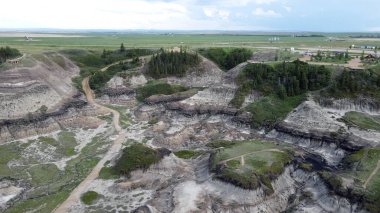 Horseshoe Canyon Alberta Canada Drumheller Engebeli Çorak Topraklar Arazisi Eroded Hills ve Vegetation, belirgin katmanlı katmanlar ve bulutlu gökyüzünün altında dağınık bitki örtüleri