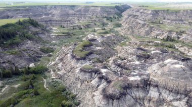 Horseshoe Canyon Alberta Canada Drumheller Engebeli Çorak Topraklar Arazisi Eroded Hills ve Vegetation, belirgin katmanlı katmanlar ve bulutlu gökyüzünün altında dağınık bitki örtüleri