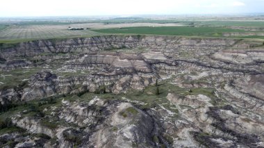 Horseshoe Canyon Alberta Canada Drumheller Engebeli Çorak Topraklar Arazisi Eroded Hills ve Vegetation, belirgin katmanlı katmanlar ve bulutlu gökyüzünün altında dağınık bitki örtüleri