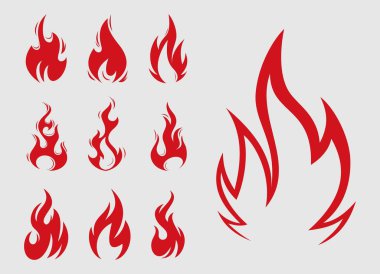 Yangın alevleri, vektör ikonlarını ateşleyin ve alevler ana hat ikonunu ayarlayın. Şenlik ateşi, doğrusal yanan elementler. El çizimi monokrom farklı ateş vektörü çizimi.