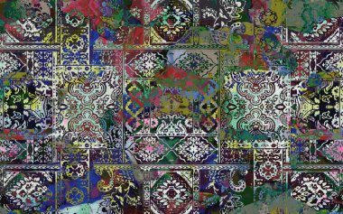 Yüksek çözünürlüklü sıkıntılı ve grunge desenli modern Boho tarzı halı tasarımı çizimi