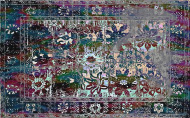 Yüksek çözünürlüklü sıkıntılı ve grunge desenli modern Boho tarzı halı tasarımı çizimi