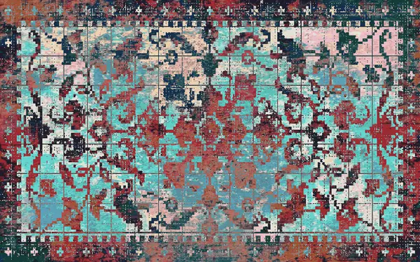 Yüksek çözünürlüklü sıkıntılı ve grunge desenli modern Boho tarzı halı tasarımı çizimi