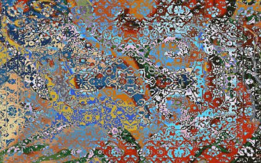 Yüksek çözünürlüklü sıkıntılı ve grunge desenli modern Boho tarzı halı tasarımı çizimi