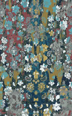 Yüksek çözünürlüklü sıkıntılı ve grunge desenli modern Boho trend stili halı tasarımı çizimi