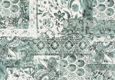 Yüksek çözünürlüklü sıkıntılı ve grunge desenli modern Boho trend stili halı tasarımı çizimi