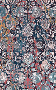 Yüksek çözünürlüklü sıkıntılı ve grunge desenli modern Boho trend stili halı tasarımı çizimi