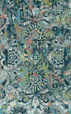 Yüksek çözünürlüklü sıkıntılı ve grunge desenli modern Boho trend stili halı tasarımı çizimi