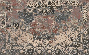 Yüksek çözünürlüklü sıkıntılı ve grunge desenli modern Boho trend stili halı tasarımı çizimi