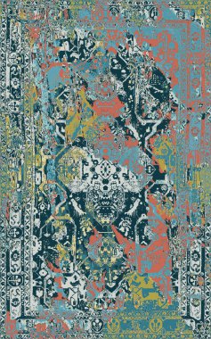 Yüksek çözünürlüklü sıkıntılı ve grunge desenli modern Boho trend stili halı tasarımı çizimi