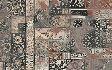 Yüksek çözünürlüklü sıkıntılı ve grunge desenli modern Boho trend stili halı tasarımı çizimi