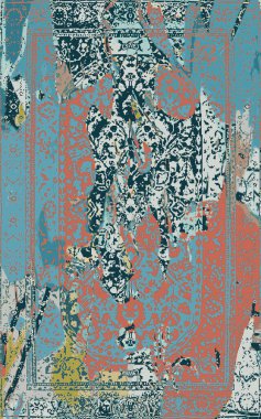 Yüksek çözünürlüklü sıkıntılı ve grunge desenli modern Boho trend stili halı tasarımı çizimi