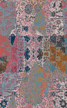 Yüksek çözünürlüklü sıkıntılı ve grunge desenli modern Boho trend stili halı tasarımı çizimi