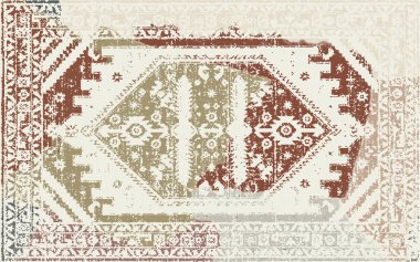 Yüksek çözünürlüklü sıkıntılı ve grunge desenli modern Boho trend stili halı tasarımı çizimi