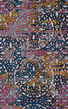 Yüksek çözünürlüklü sıkıntılı ve grunge desenli modern Boho trend stili halı tasarımı çizimi