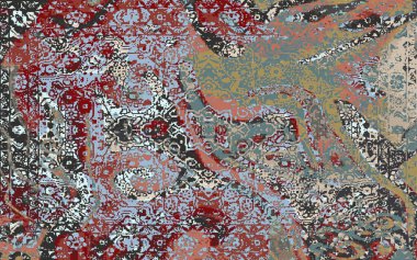 Yüksek çözünürlüklü sıkıntılı ve grunge desenli modern Boho trend stili halı tasarımı çizimi