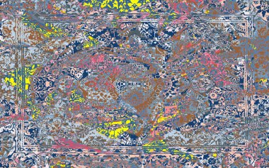 Yüksek çözünürlüklü sıkıntılı ve grunge desenli modern Boho trend stili halı tasarımı çizimi