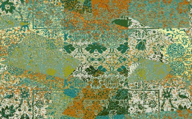 Yüksek çözünürlüklü sıkıntılı ve grunge desenli modern Boho trend stili halı tasarımı çizimi
