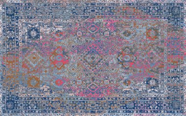 Yüksek çözünürlüklü sıkıntılı ve grunge desenli modern Boho trend stili halı tasarımı çizimi