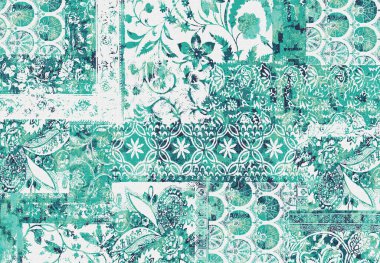 Yüksek çözünürlüklü sıkıntılı ve grunge desenli modern Boho trend stili halı tasarımı çizimi