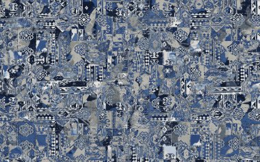 Yüksek çözünürlüklü sıkıntılı ve grunge desenli modern Boho trend stili halı tasarımı çizimi