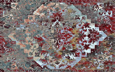 Yüksek çözünürlüklü sıkıntılı ve grunge desenli modern Boho trend stili halı tasarımı çizimi