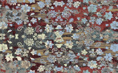 Yüksek çözünürlüklü sıkıntılı ve grunge desenli modern Boho trend stili halı tasarımı çizimi