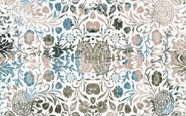 Yüksek çözünürlüklü sıkıntılı ve grunge desenli modern Boho trend stili halı tasarımı çizimi