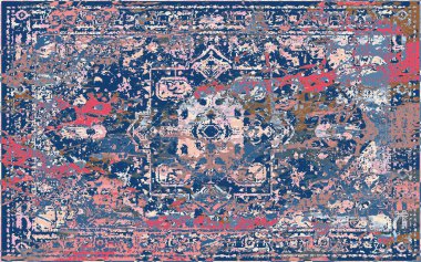 Yüksek çözünürlüklü sıkıntılı ve grunge desenli modern Boho trend stili halı tasarımı çizimi