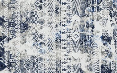 Yüksek çözünürlüklü sıkıntılı ve grunge desenli modern Boho trend stili halı tasarımı çizimi