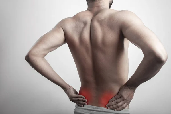 Young Muscular Man Clutching Lumber Injury Area Pain Lower Back — Foto de Stock