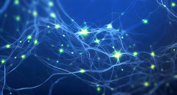 Pulsing signals between nerve cells inside a neuronal network - illustration