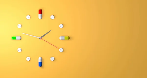 Clock watch, consisting of capsules and pills, indicating at what time different medicines should be taken - 3d illustration