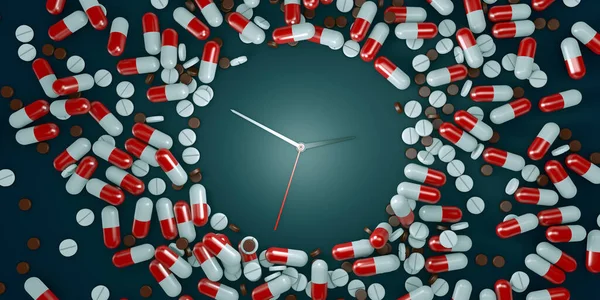Clock watch, surrounded by hundreds of medication capsules and supplement pills, indicating an overdose of food supplement ingestion - 3d illustration