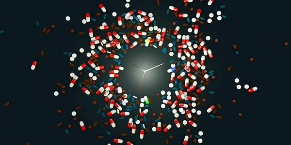 Clock watch, surrounded by hundreds of medication capsules and supplement pills, indicating an overdose of food supplement ingestion - 3d illustration
