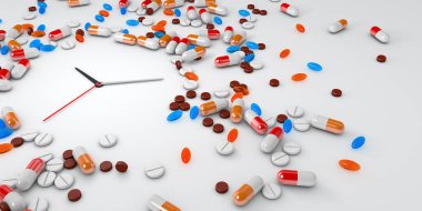 Saatli saat, yüzlerce ilaç kapsülü ve ilave haplarla çevrili. Aşırı dozda gıda takviyesi olduğunu gösteriyor. 3D çizim.