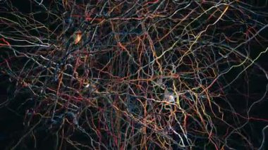 Sinapsları, nöronları veya sinir hücrelerini ileten sinirsel bağlantılara sahip bir sinir ağı - 3 boyutlu illüstrasyon