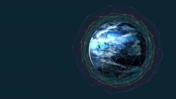 Μπλε Περιστρεφόμενος Πλανήτης Διαφορετική Έγχρωμη Επικοινωνία Και Δορυφορικό Δίκτυο Γύρω — Αρχείο Βίντεο