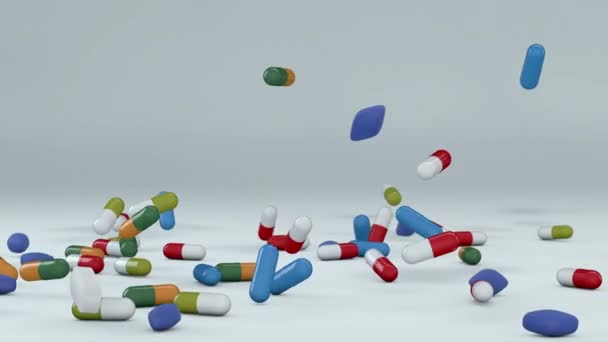 Many Falling Capsules Pills Tablets Medicals Food Supplements Illustration — Stock Video