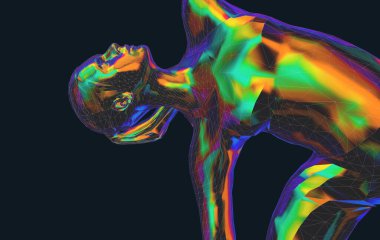 Spor yapan birinin renk çizimi, meditasyon yoga egzersizleri ya da düşük polimerli jimnastik - 3D illüstrasyon