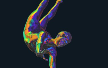 Spor yapan birinin renk çizimi, meditasyon yoga egzersizleri ya da düşük polimerli jimnastik - 3D illüstrasyon