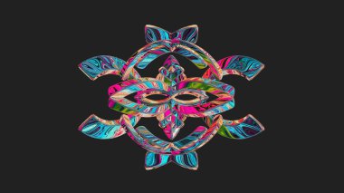 Merkezi yerleştirilmiş ve çok renkli, çok katmanlı, çok katmanlı, desenli, soyut simetrik şekil - 3d illüstrasyon