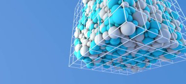 Geometrik şebekede hapsolmuş küreler yapay zeka düzenleme ve denetimini sembolize eder - 3d illüstrasyon