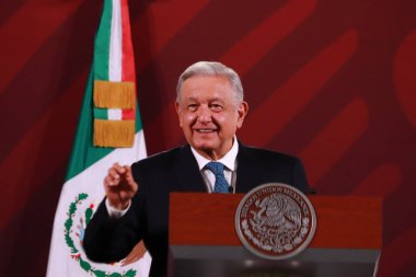 August 16, 2023, Mexico City, Mexico: President of Mexico, Andres Manuel Lopez Obrador, speaks during the daily briefing  conference in front of reporters at the National Palace. on August 16, 2023 in Mexico City, Mexico. clipart