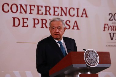 August 16, 2023 in Mexico City, Mexico: President of Mexico Andres Manuel Lopez Obrador speaks at the morning conference in front of reporters at the national palace clipart