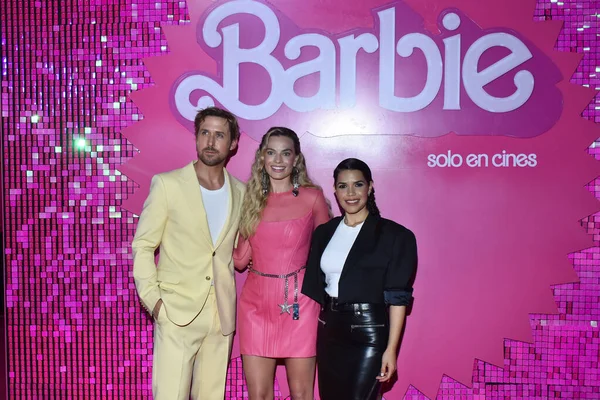 stock image July 6, 2023, Mexico City, Mexico: (L-R) Ryan Gosling, Margot Robbie and America Ferrera   attend the pink carpet for Barbie  at Toreo Parque Central. on July 6, 2023 in Mexico City, Mexico. (Photo by Carlos Tischler/ Eyepix Group)