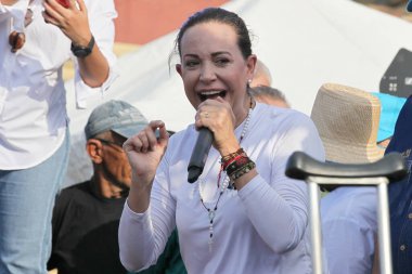 11 Ağustos 2023, Marcaibo, Venezuela: Vente Venezuela partisinin amiral gemisi Maria Corina Machado, Sokalist Cumhurbaşkanı Nicolas Maduro 'yu aday göstermek için düzenlenen mitingde destekçilerine sesleniyor.