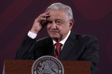 14 Ağustos 2023, Mexico City, Meksika: Meksika Başkanı Andres Manuel Lopez Obrador Mexico City 'deki Ulusal Saray' da düzenlenen basın toplantısında