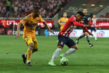 28 Mayıs 2023, Jalisco, Meksika: Guadalajara 'lı Chivas' lı Fernando Beltran ve Nuevo Leon 'lu Tigres' li Rafael de Souza, MX Lig Kapanış Turnuvası 'nın 2023 Akron Stadyumu' nda oynanan Meksika futbol maçının ikinci ayak maçında top için mücadele etti.